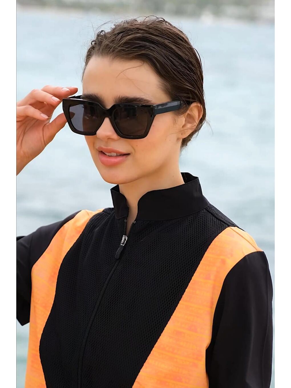 Kısa Kollu Turuncu Siyah 4 Parça Yarı Kapalı Mayo Takımı 5002-1