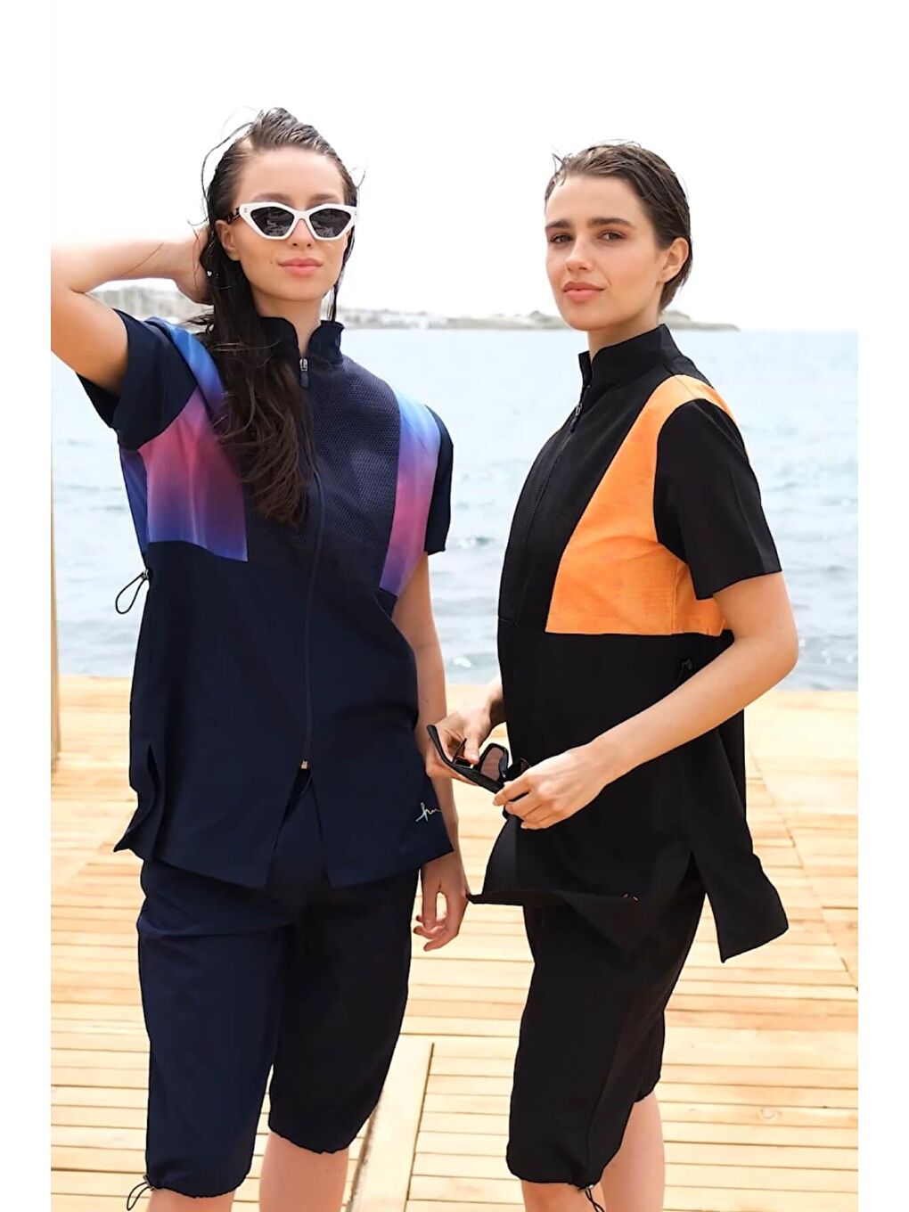 Kısa Kollu Turuncu Siyah 4 Parça Yarı Kapalı Mayo Takımı 5002-2