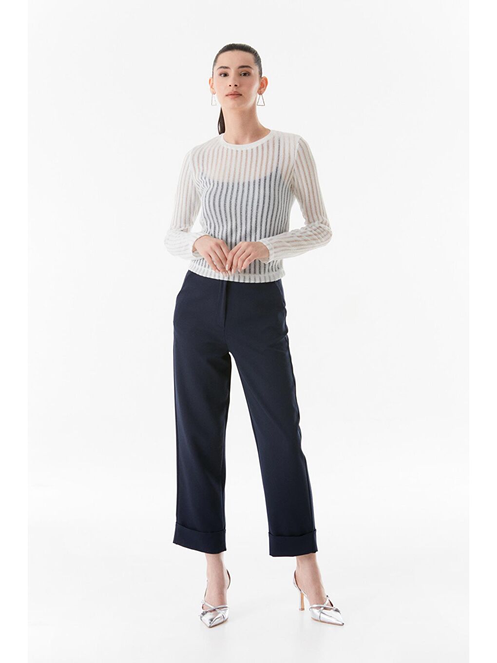 Ekru Basic Transparan Bisiklet Yaka Bluz-2