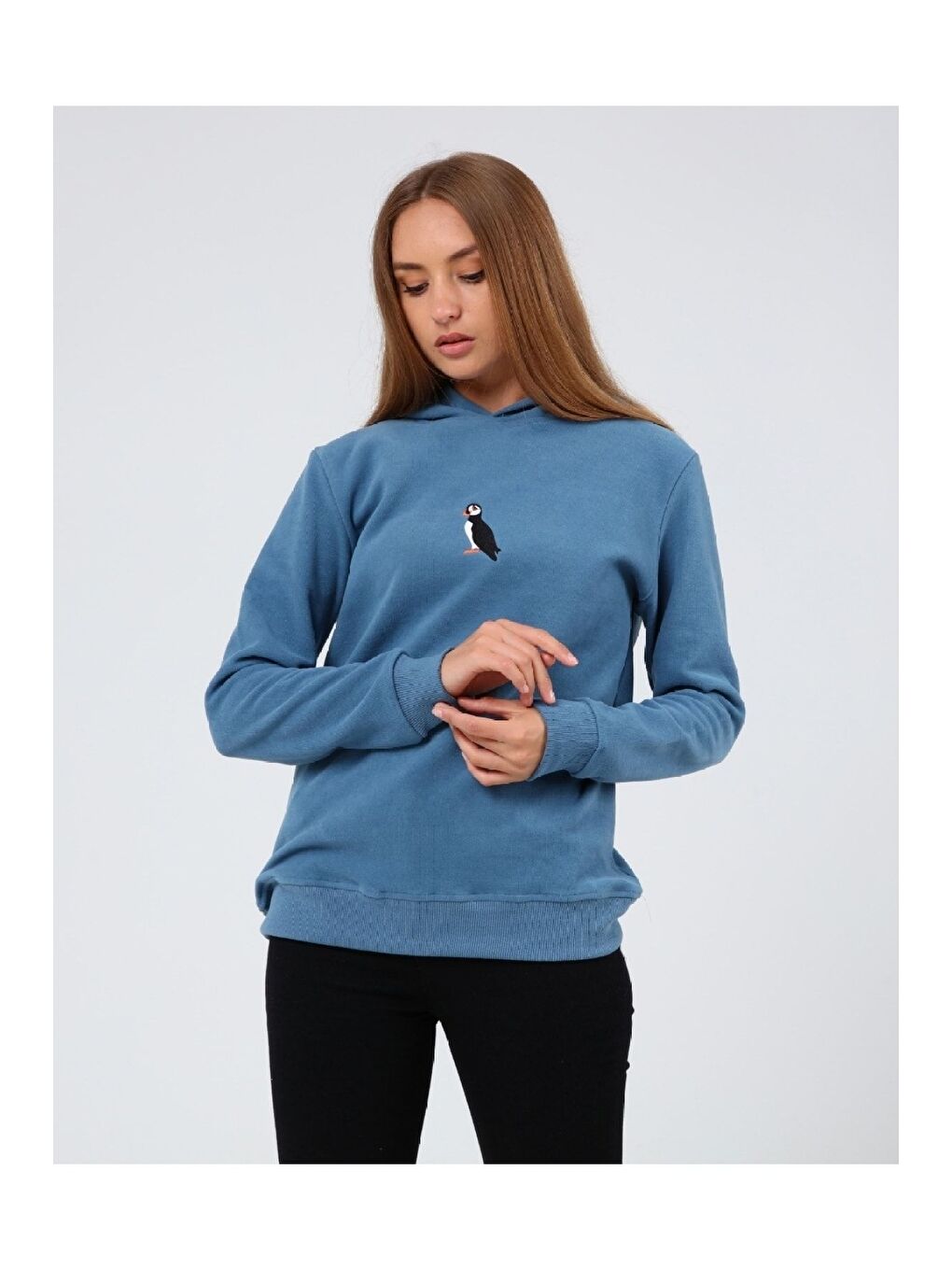 GENIUS STORE Açık Mavi Store Kadın Selanik Outdoor Kapüşonlu Sweatshirt Nakış Işlemeli PUFFİN-KAPŞONLU