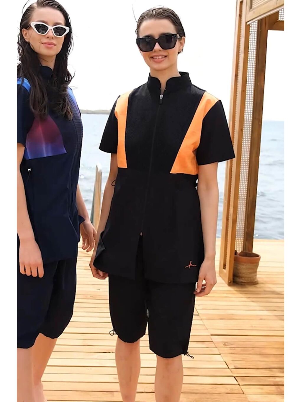 Kısa Kollu Turuncu Siyah 4 Parça Yarı Kapalı Mayo Takımı 5002-3