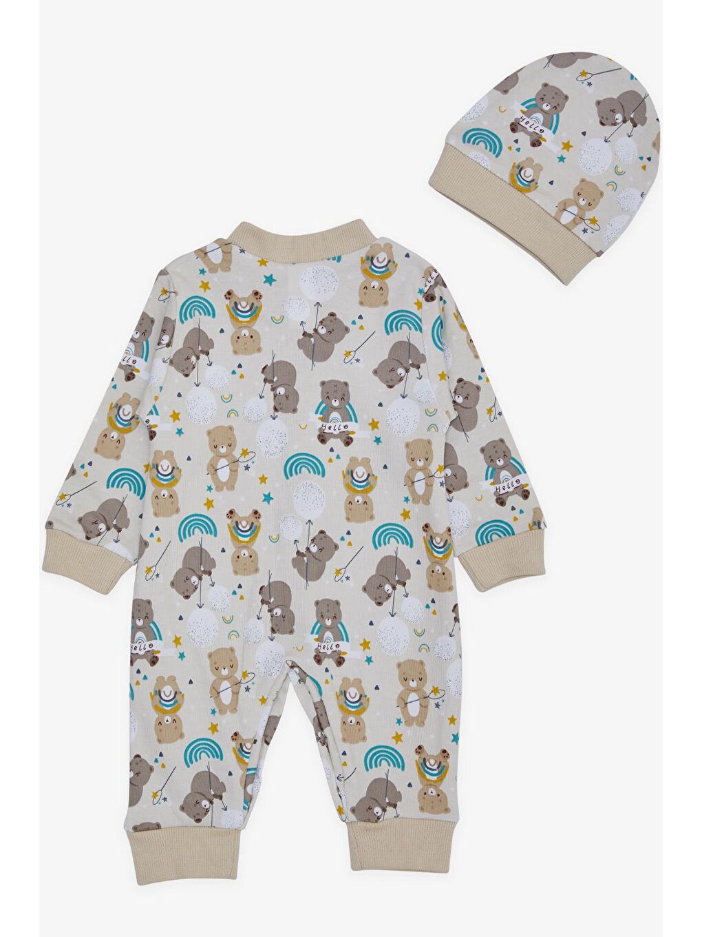 Erkek Bebek Tulum Sevimli Ayıcık Desenli Bej (0-3 Ay)-1