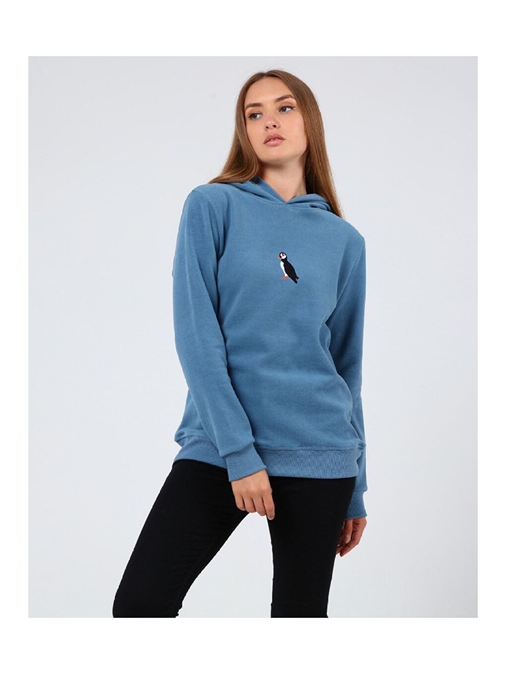 GENIUS STORE Açık Mavi Store Kadın Selanik Outdoor Kapüşonlu Sweatshirt Nakış Işlemeli PUFFİN-KAPŞONLU - 1