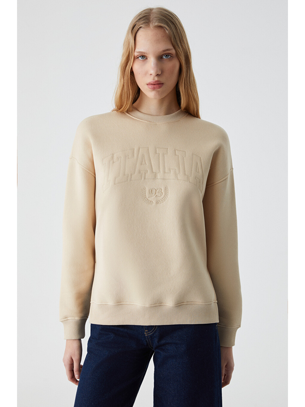 Bej Rıcennı Kadın Bisiklet Yaka Oversize Taş Sweatshirt