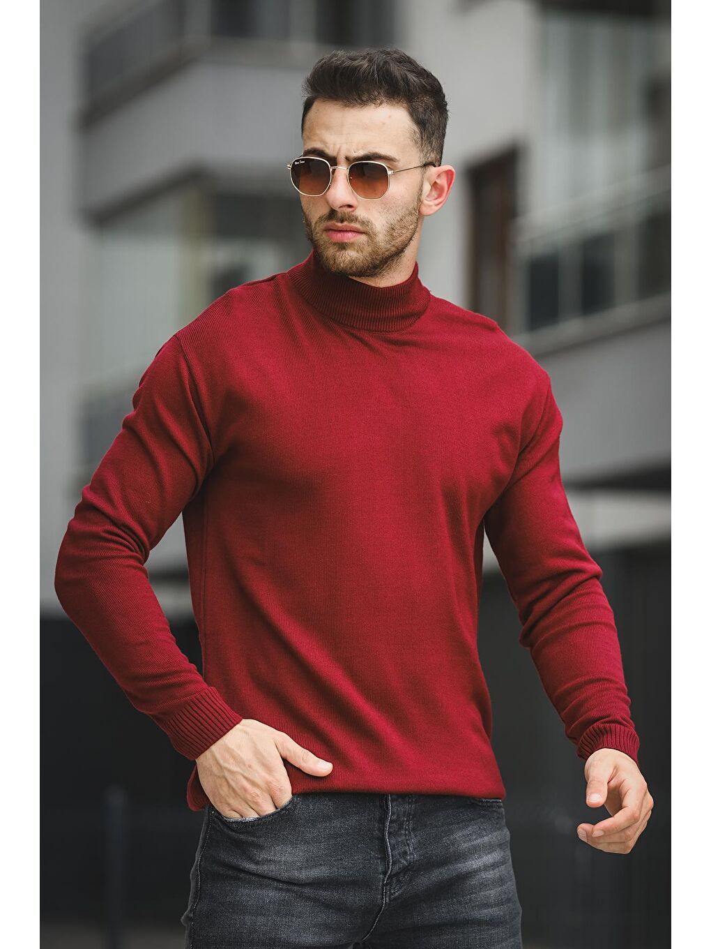 Oksit Bordo Pamuk Slim Fit Erkek Yarım Balıkçı Kazak