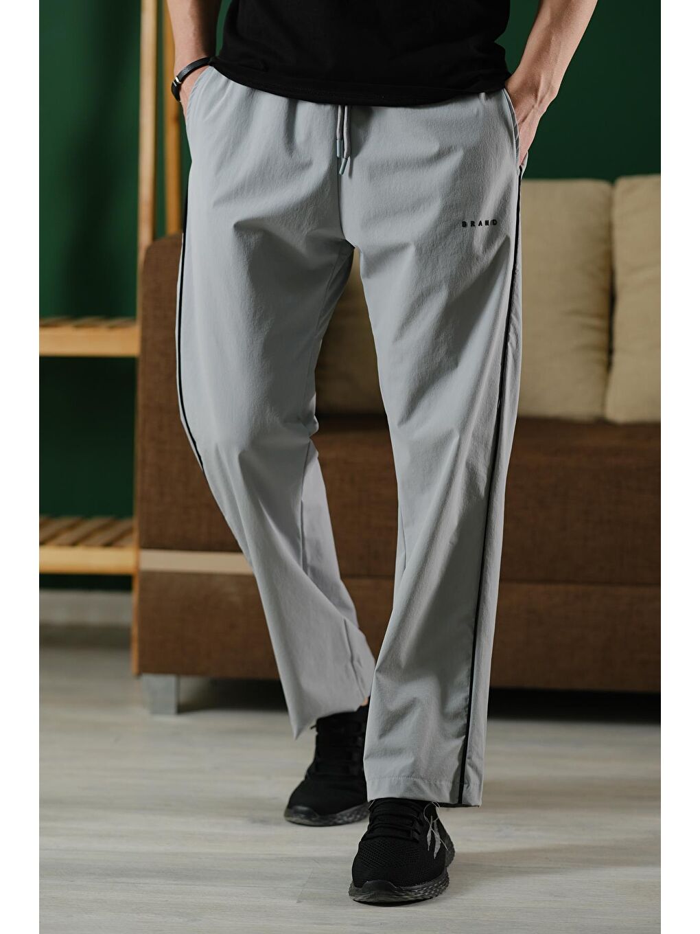 Gri Brand Rahat Kesim Kort Paraşüt Şeritli Outdoor Erkek Eşofman Alt-2