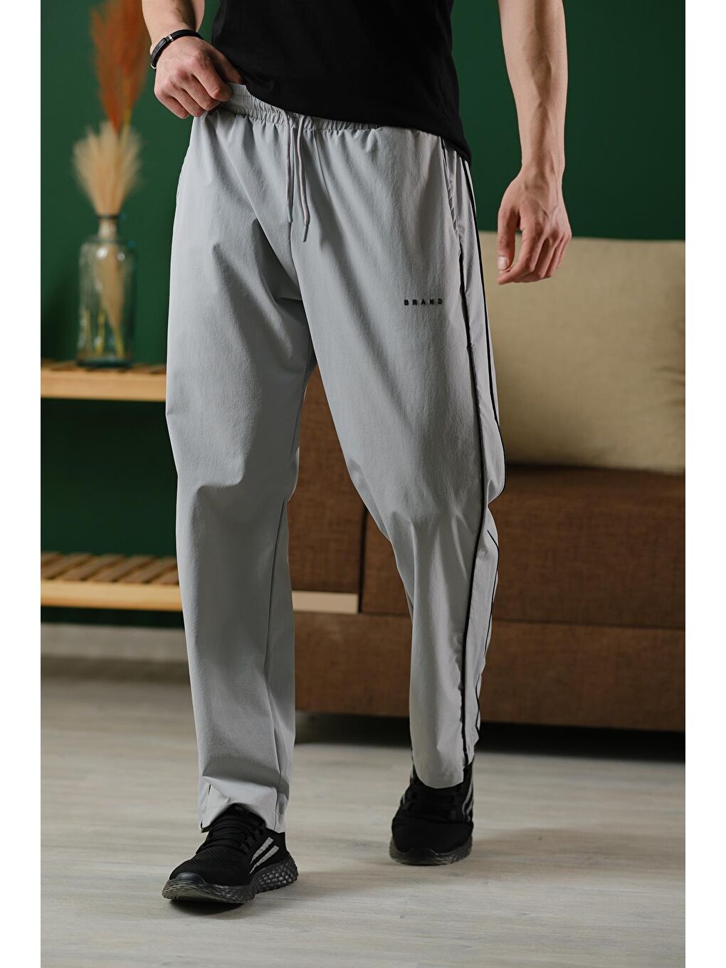 Gri Brand Rahat Kesim Kort Paraşüt Şeritli Outdoor Erkek Eşofman Alt-3