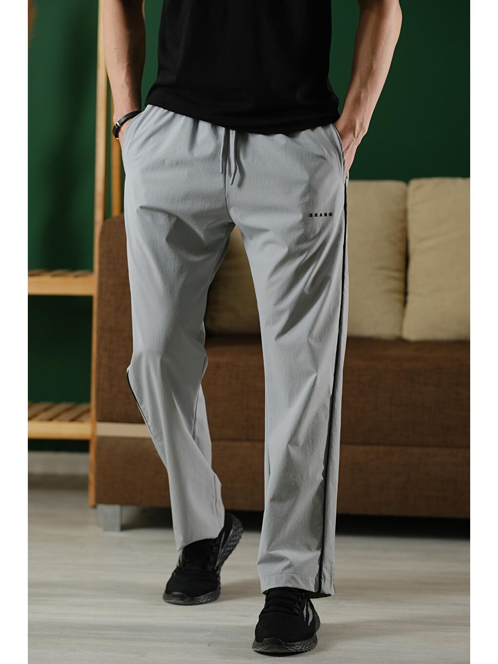 Gri Brand Rahat Kesim Kort Paraşüt Şeritli Outdoor Erkek Eşofman Alt-5