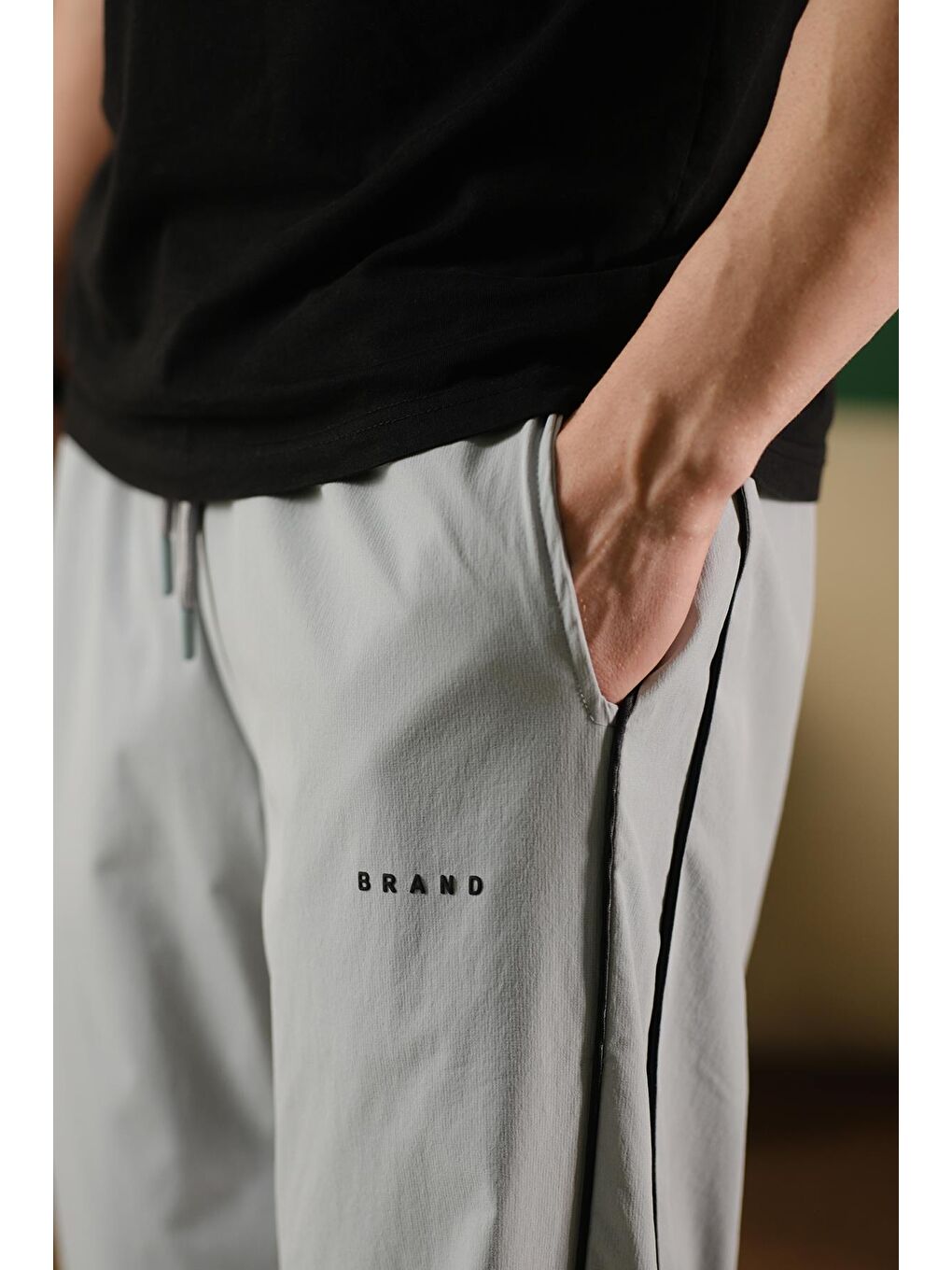 Gri Brand Rahat Kesim Kort Paraşüt Şeritli Outdoor Erkek Eşofman Alt-6