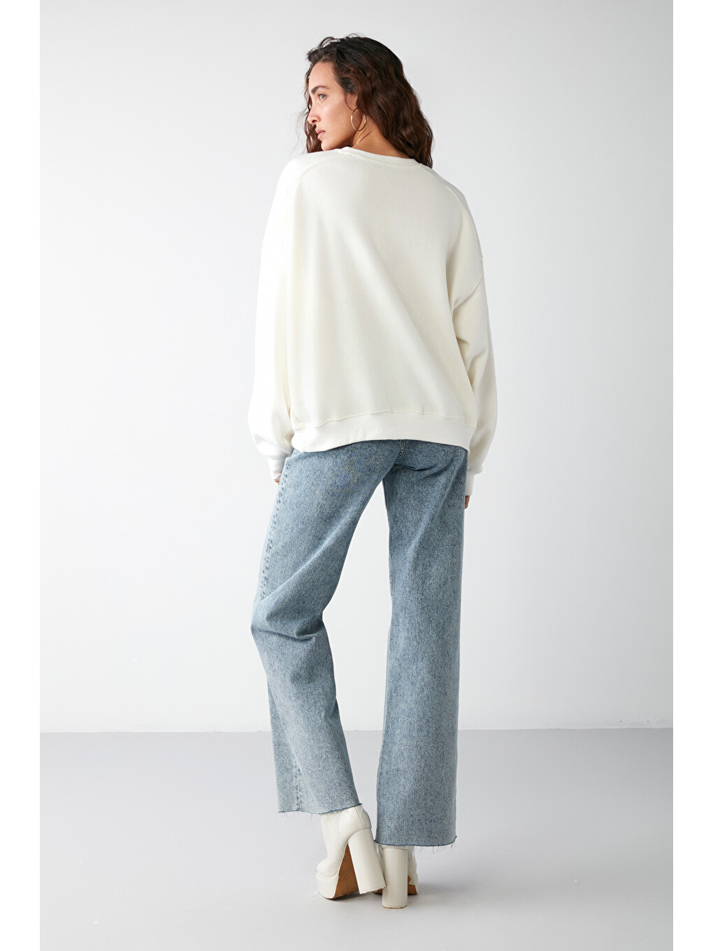 Bej Vaneltına Kadın Organik Pamuklu Yumuşacık İçi Polarlı Yuvarlak Yakalı Vanilya Sweatshirt-5