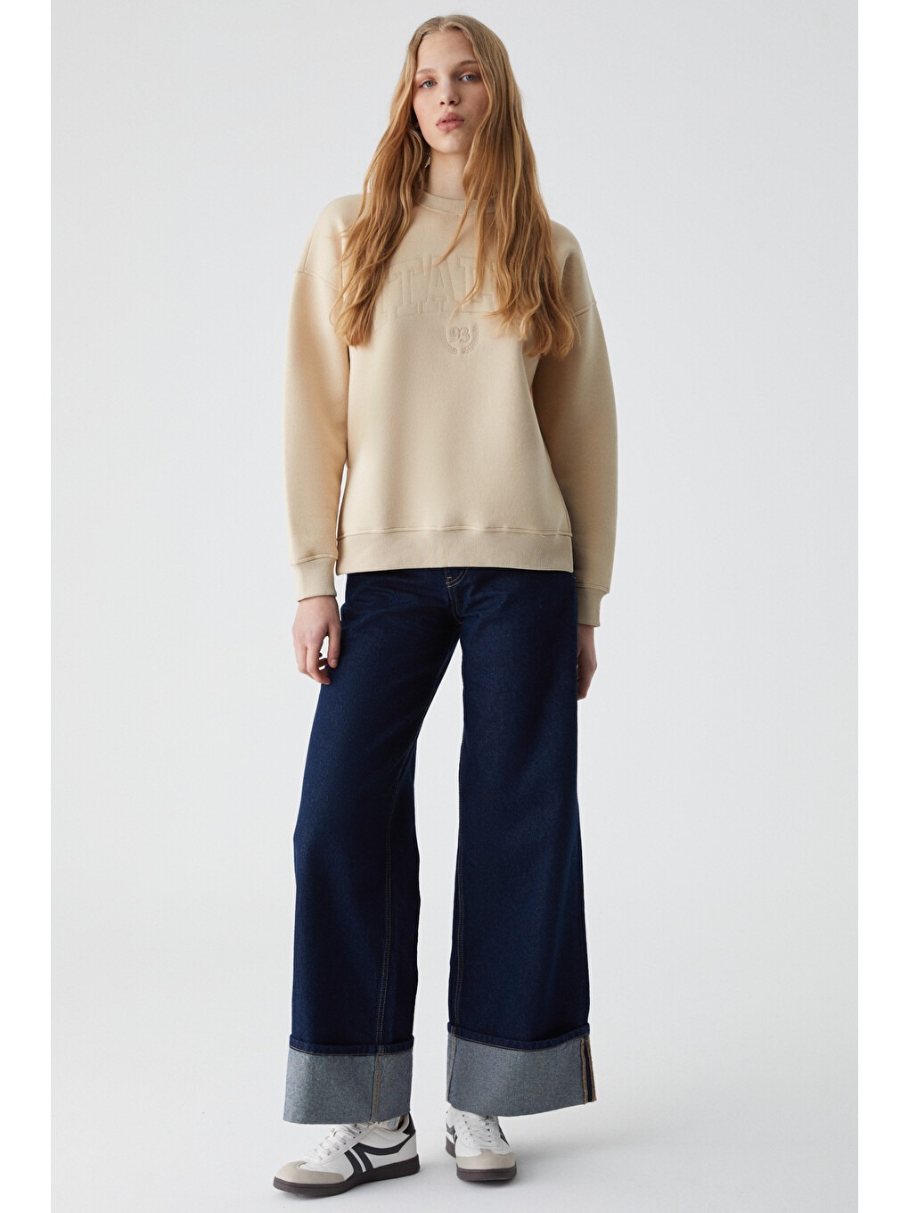 Bej Rıcennı Kadın Bisiklet Yaka Oversize Taş Sweatshirt-1