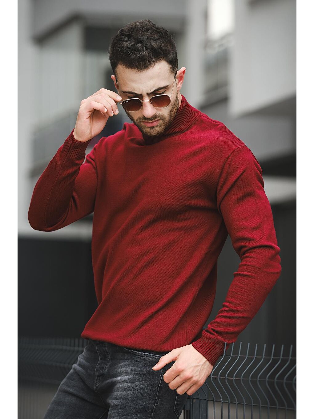 Oksit Bordo Pamuk Slim Fit Erkek Yarım Balıkçı Kazak - 2