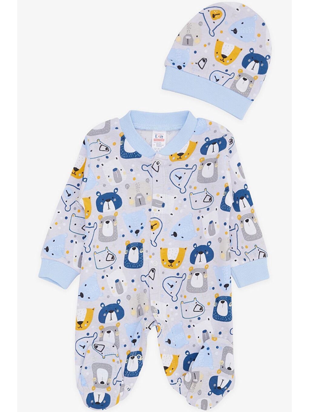 Erkek Bebek Patikli Tulum Sevimli Ayıcık Desenli Buz Mavisi (0-6 Ay)