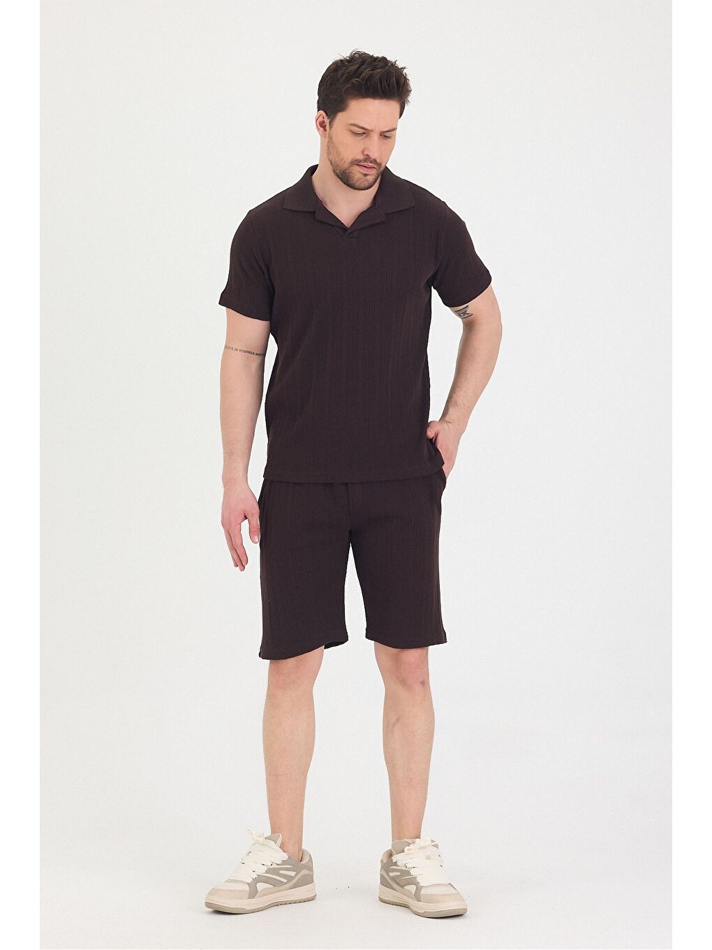 Kahverengi Erkek Polo Yaka Tshirt Ve Şort Alt Üst Takım