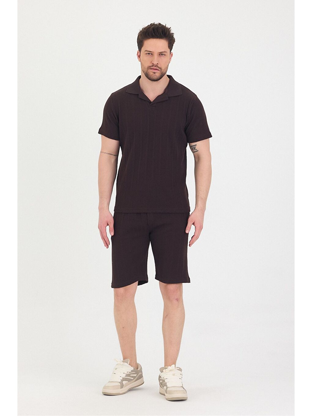 Kahverengi Erkek Polo Yaka Tshirt Ve Şort Alt Üst Takım-1