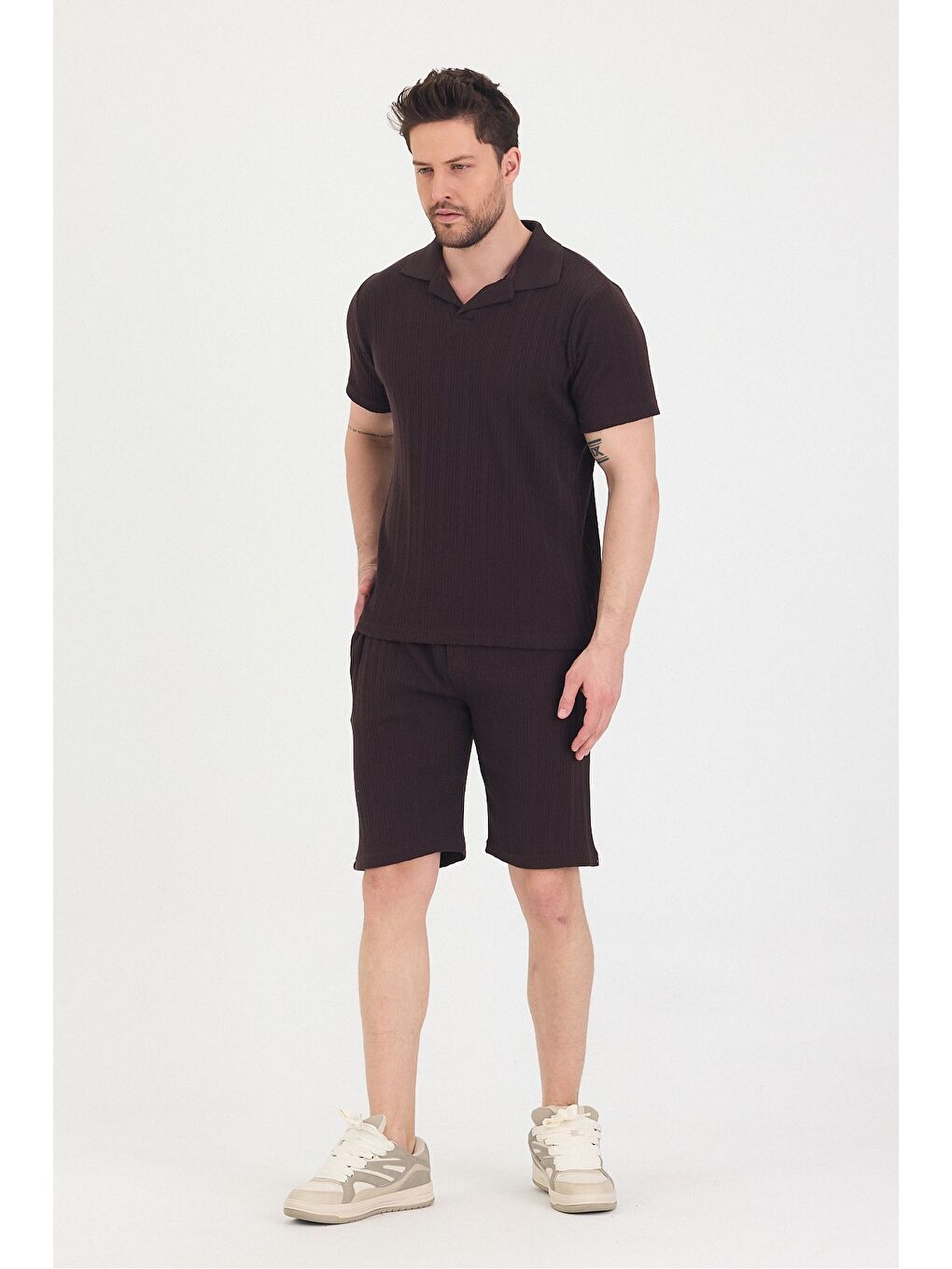 Kahverengi Erkek Polo Yaka Tshirt Ve Şort Alt Üst Takım-2