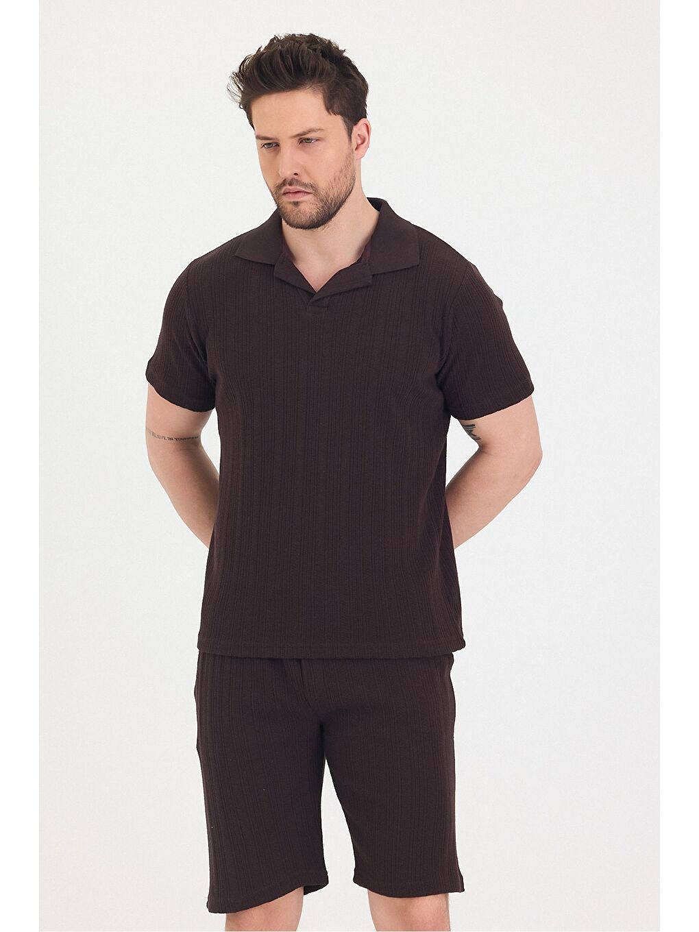 Kahverengi Erkek Polo Yaka Tshirt Ve Şort Alt Üst Takım-4