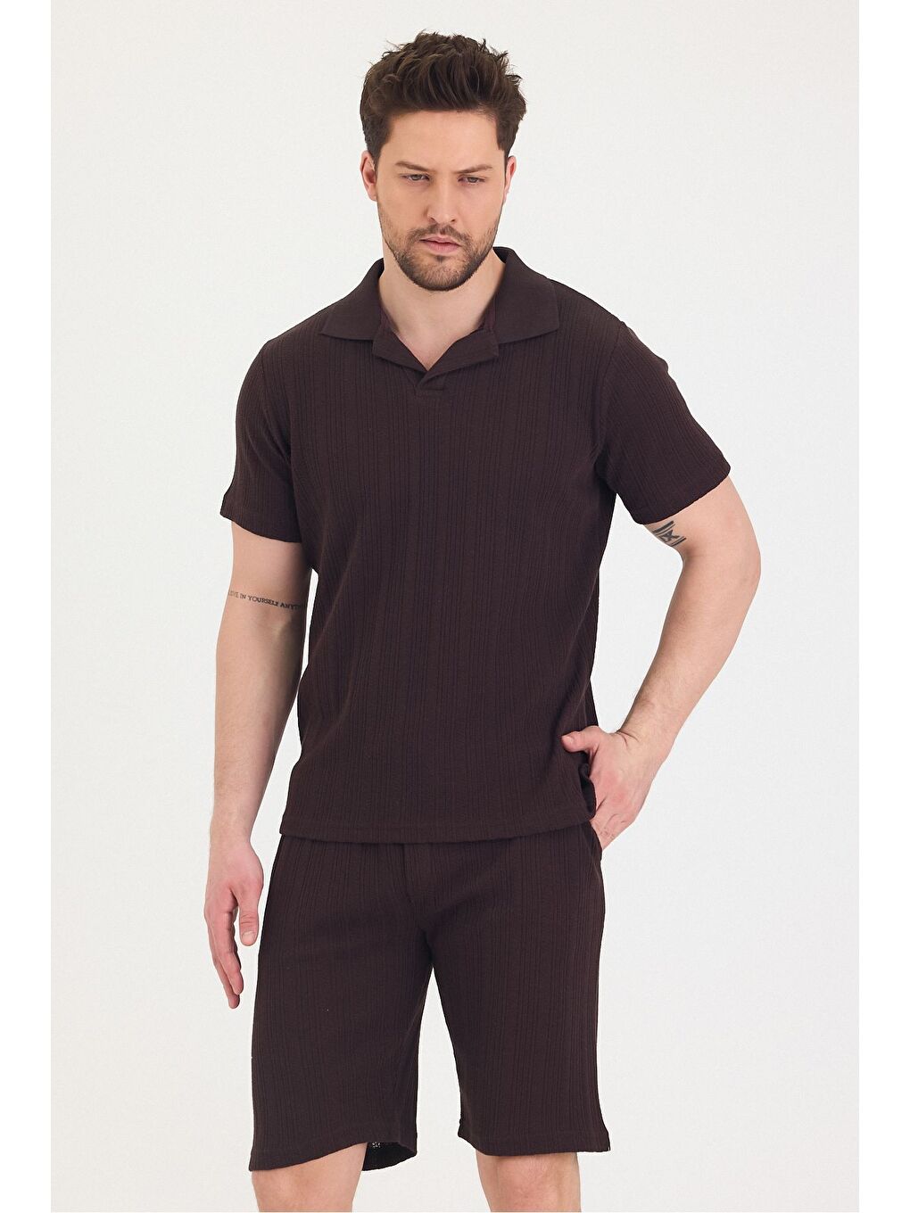 Kahverengi Erkek Polo Yaka Tshirt Ve Şort Alt Üst Takım-5