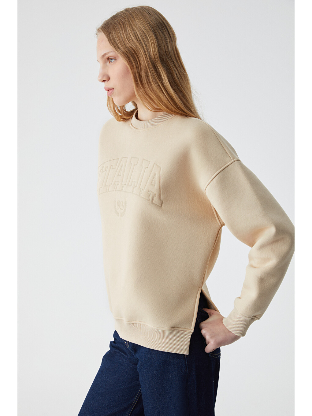 Bej Rıcennı Kadın Bisiklet Yaka Oversize Taş Sweatshirt-2