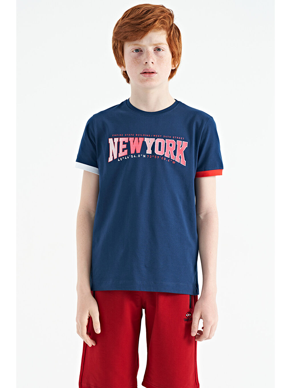 İndigo Yazı Baskılı Standart Kalıp O Yaka Erkek  Çocuk Tişört - 11105