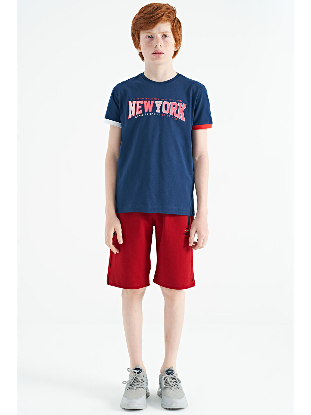 İndigo Yazı Baskılı Standart Kalıp O Yaka Erkek  Çocuk Tişört - 11105-1