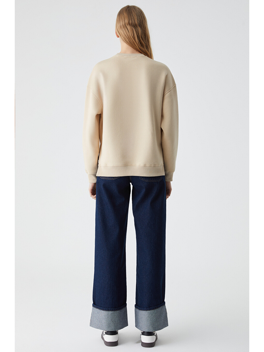 Bej Rıcennı Kadın Bisiklet Yaka Oversize Taş Sweatshirt-3