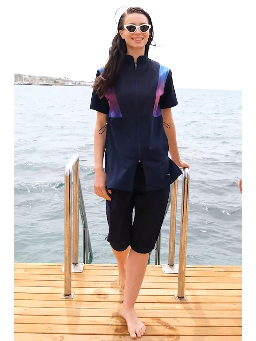 Kısa Kollu Lacivert Siyah 4 Parça Yarı Kapalı Mayo Takımı 5003