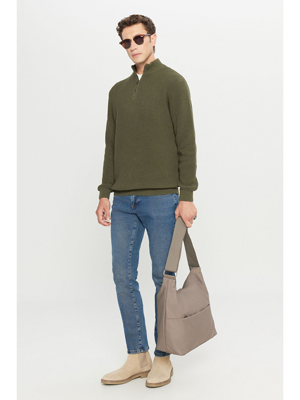 Erkek Haki Pamuklu Standart Fit Normal Kesim Bato Yaka Jakarlı Triko Kazak-1