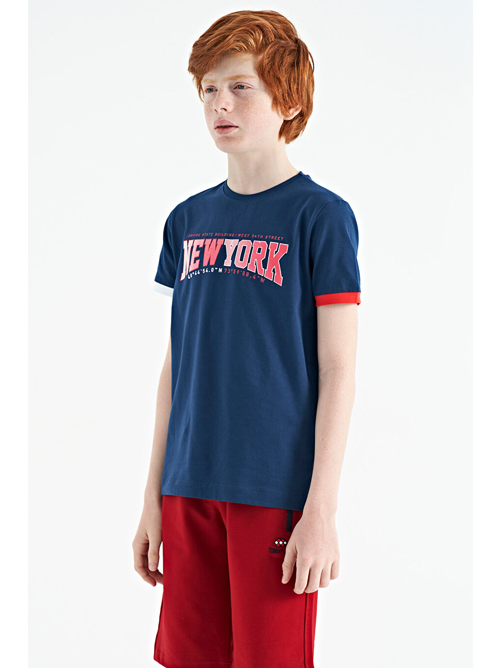 İndigo Yazı Baskılı Standart Kalıp O Yaka Erkek  Çocuk Tişört - 11105-3