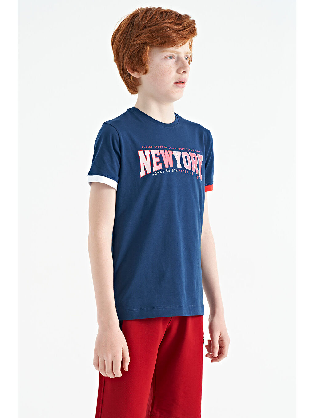 İndigo Yazı Baskılı Standart Kalıp O Yaka Erkek  Çocuk Tişört - 11105-4