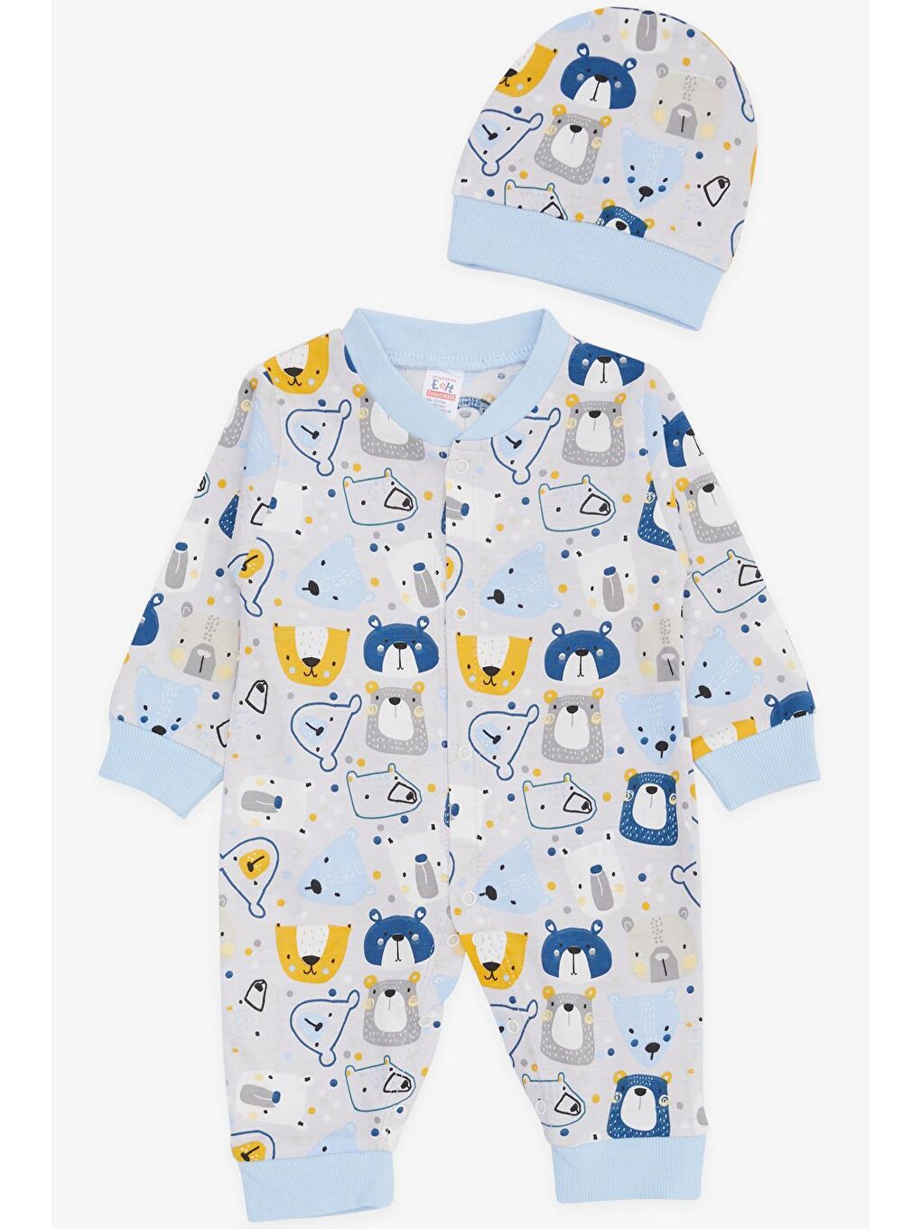 Erkek Bebek Tulum Sevimli Ayıcık Desenli Buz Mavisi (0-6 Ay)