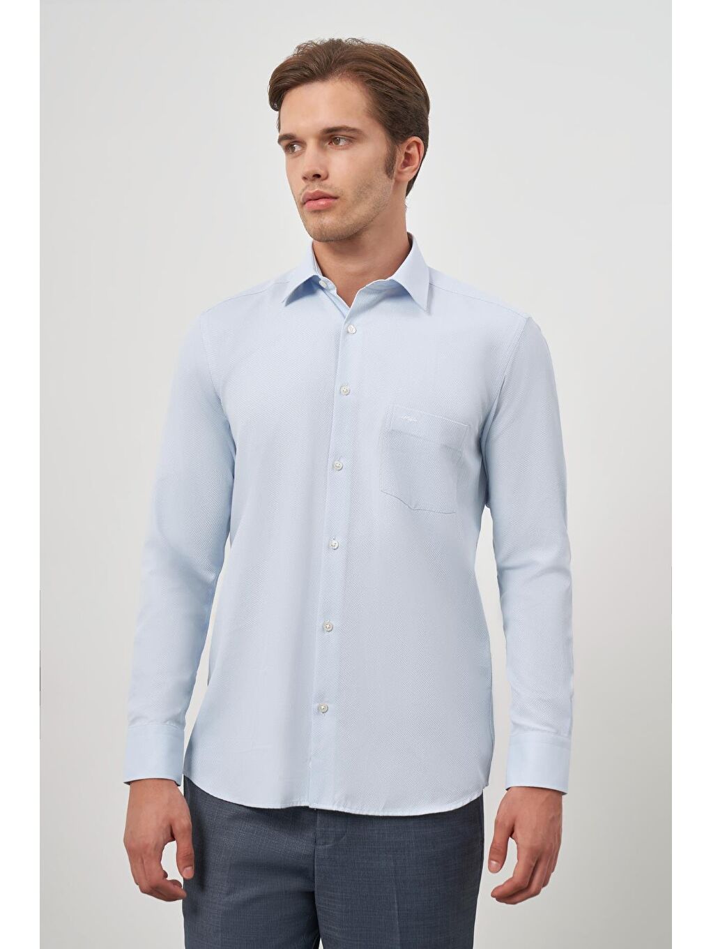 Koyu Mavi Uzun Kol Kendinden Desenli Armürlü 041 Sert Yaka Classic Comfort Fit Gömlek 1004245154