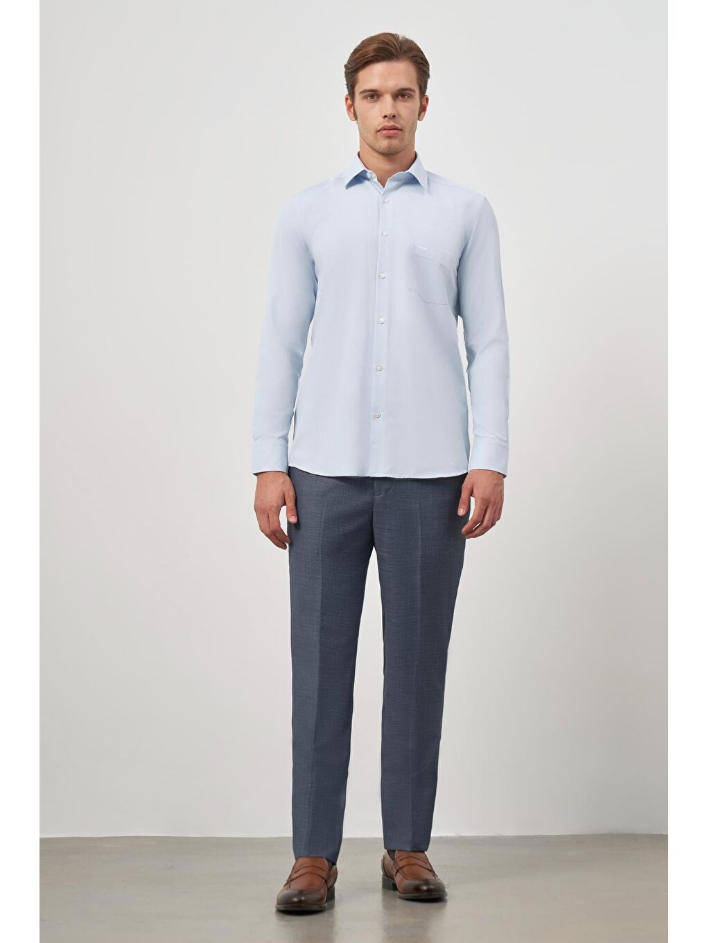 Koyu Mavi Uzun Kol Kendinden Desenli Armürlü 041 Sert Yaka Classic Comfort Fit Gömlek 1004245154-1