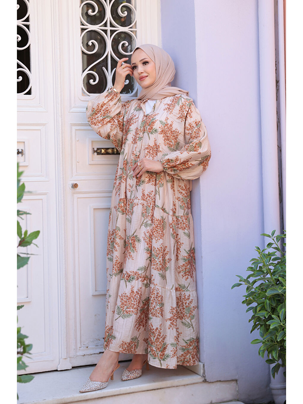 Kadın Ağaç Desenli Elbise Kahverengi-1