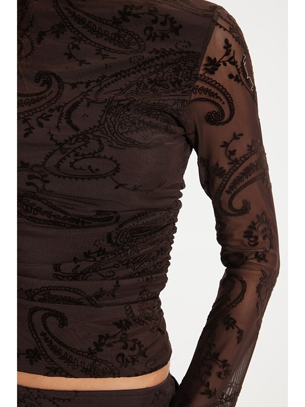 Kadın Slim Fit Dar Kesim Bisiklet Yaka Uzun Kollu Kahverengi Bluz-4