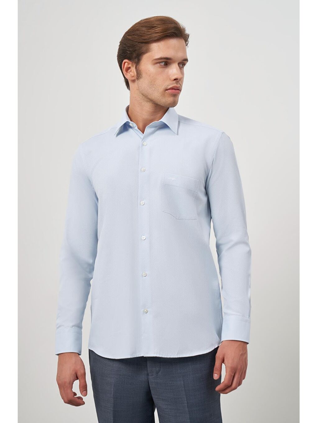 Koyu Mavi Uzun Kol Kendinden Desenli Armürlü 041 Sert Yaka Classic Comfort Fit Gömlek 1004245154-3