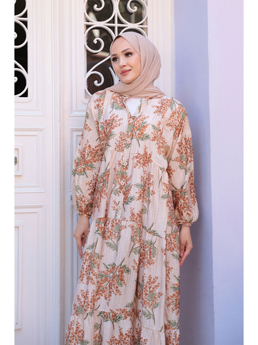 Kadın Ağaç Desenli Elbise Kahverengi-2