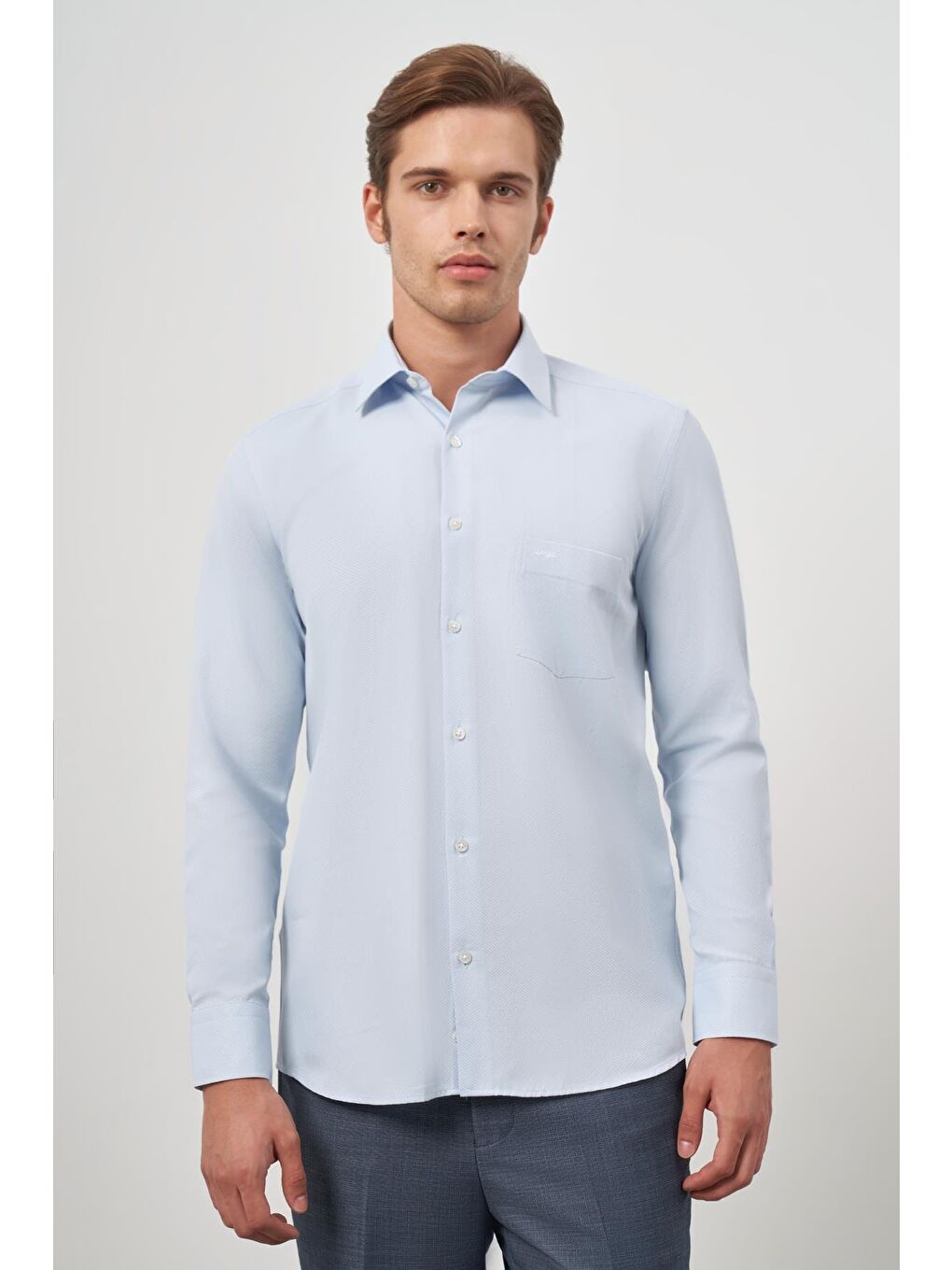 Koyu Mavi Uzun Kol Kendinden Desenli Armürlü 041 Sert Yaka Classic Comfort Fit Gömlek 1004245154-4