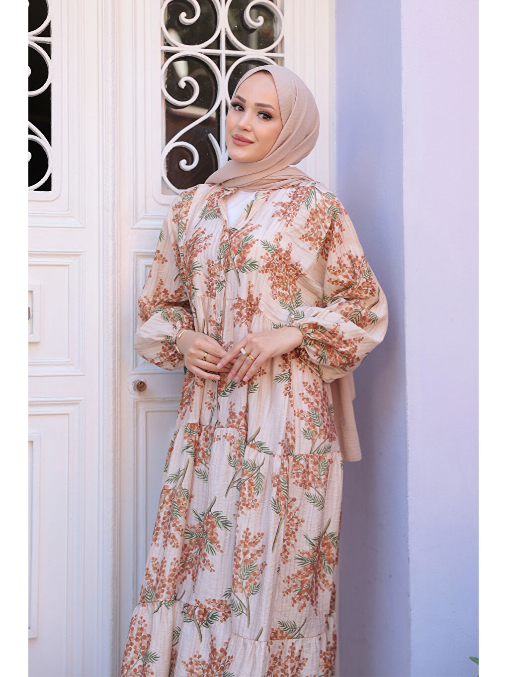 Kadın Ağaç Desenli Elbise Kahverengi-3