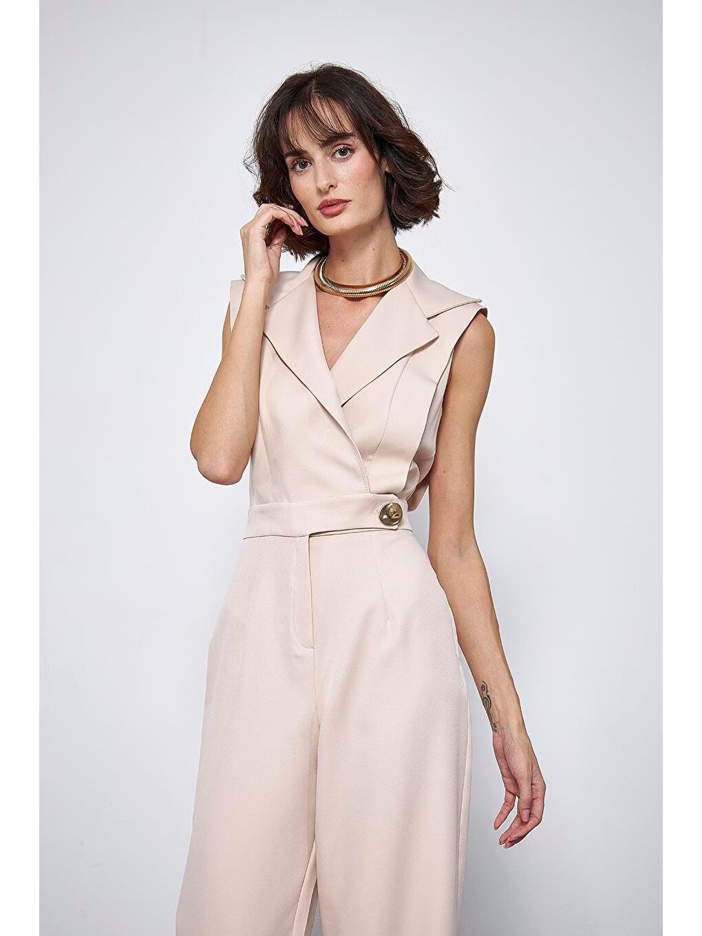 Kruvaze Yaka Bej Kadın Tulum-1