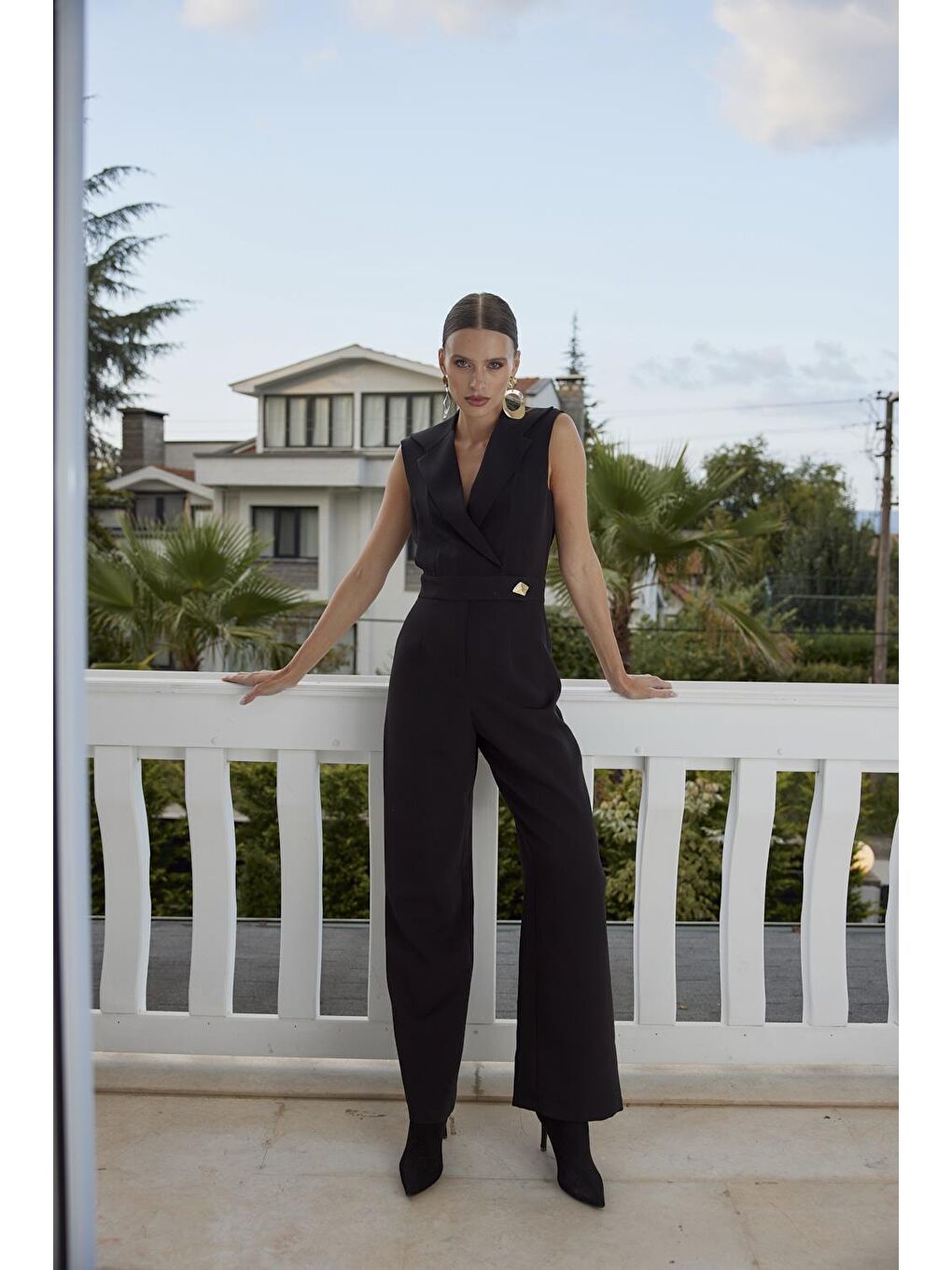 Kruvaze Yaka Siyah Kadın Tulum