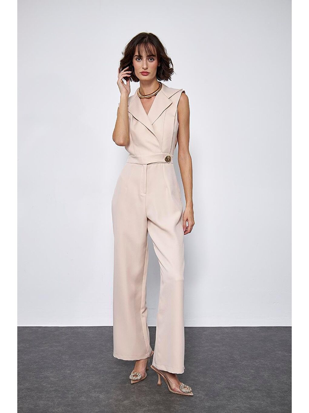 Kruvaze Yaka Bej Kadın Tulum-2