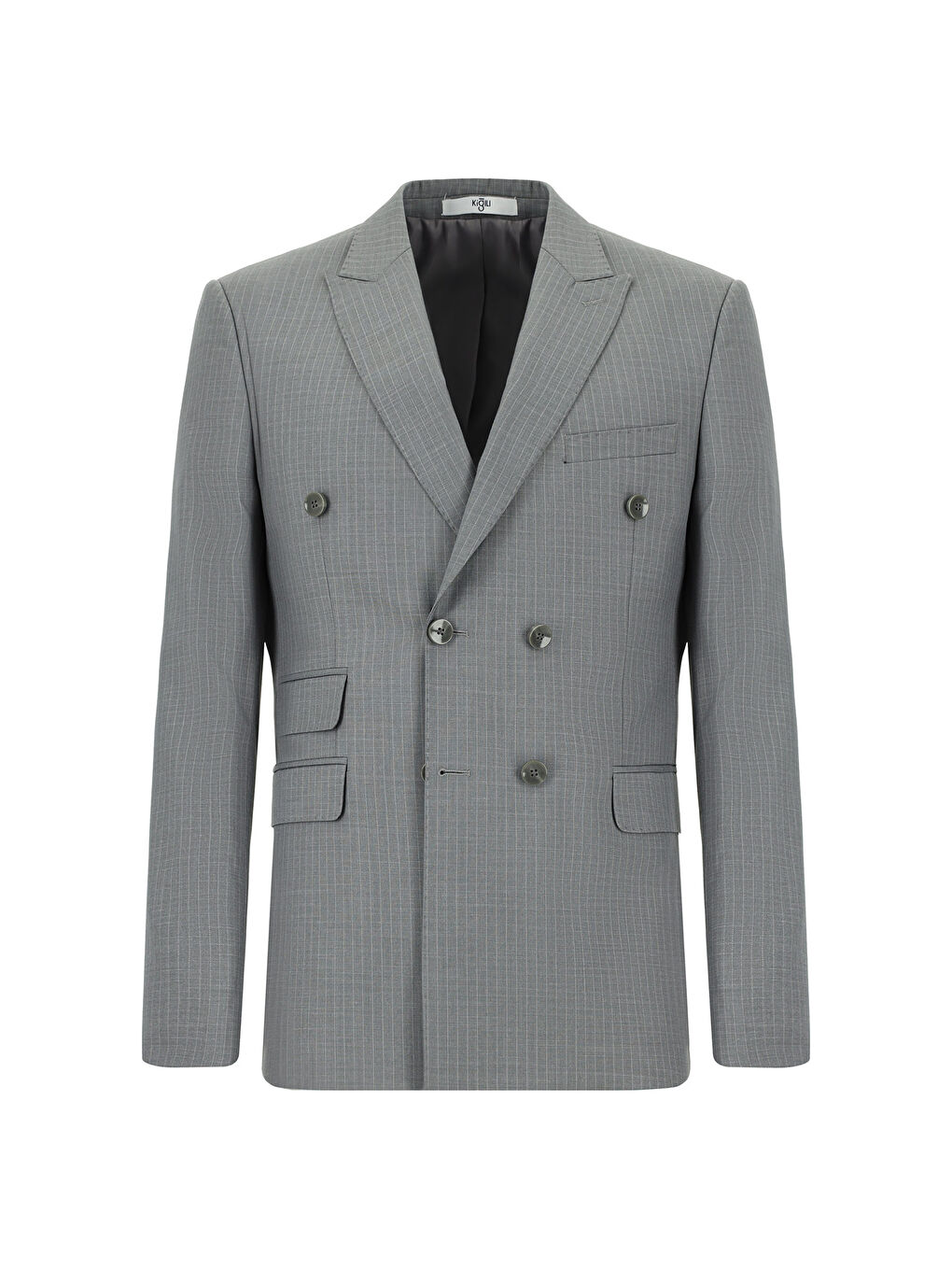 Gri Regular Fit Çizgili Kruvaze Takım Elbise-1