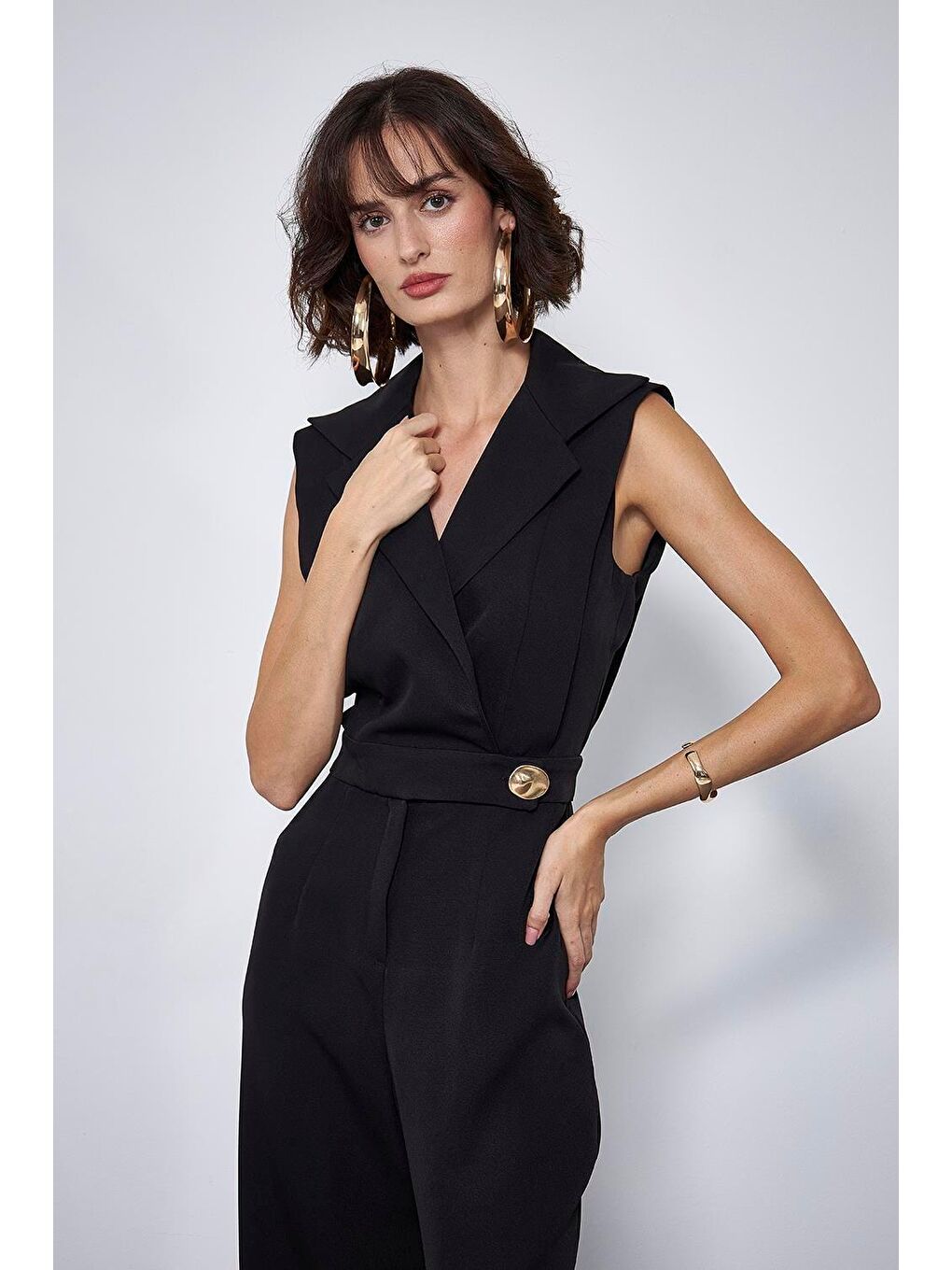 Kruvaze Yaka Siyah Kadın Tulum-1