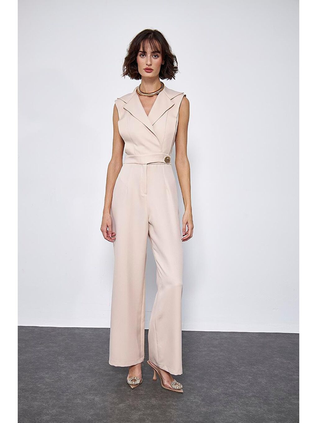 Kruvaze Yaka Bej Kadın Tulum-3