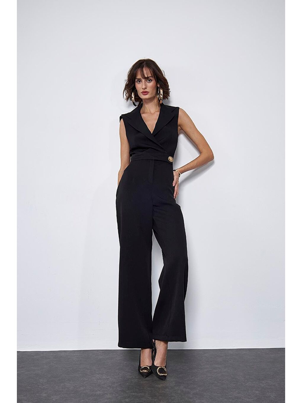 Kruvaze Yaka Siyah Kadın Tulum-2