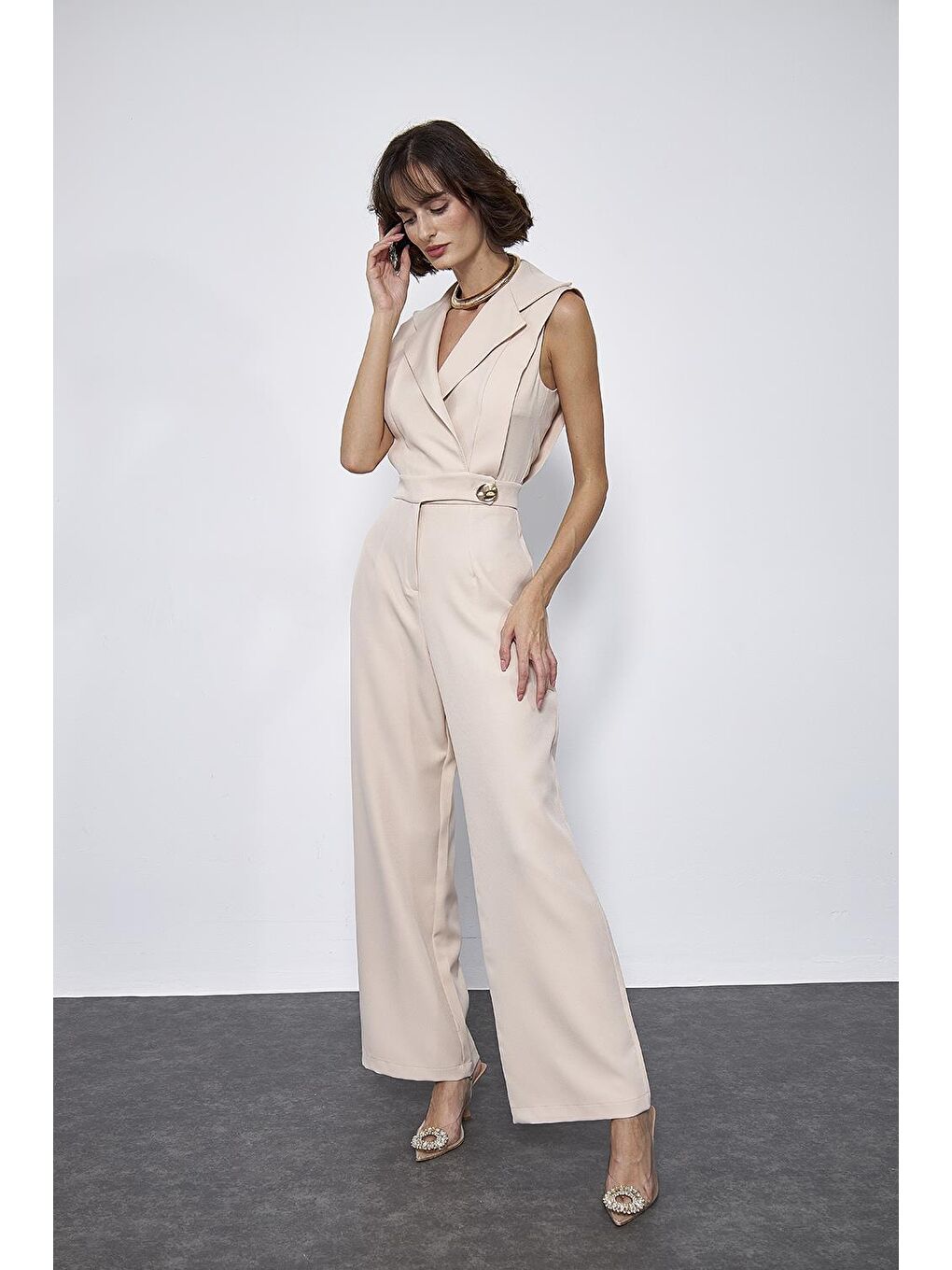 Kruvaze Yaka Bej Kadın Tulum-4