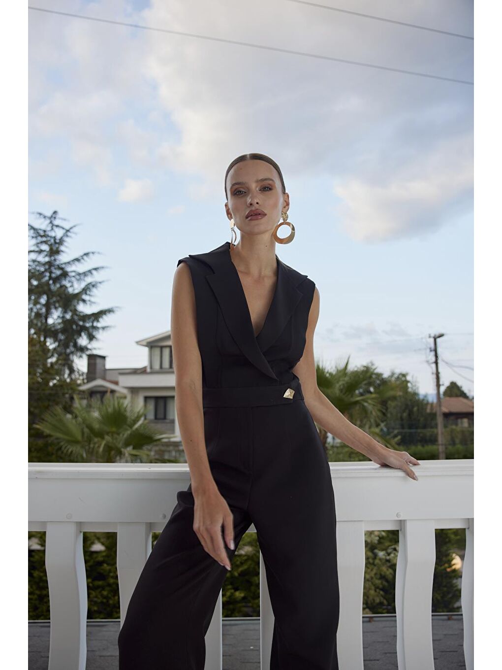 Kruvaze Yaka Siyah Kadın Tulum-3