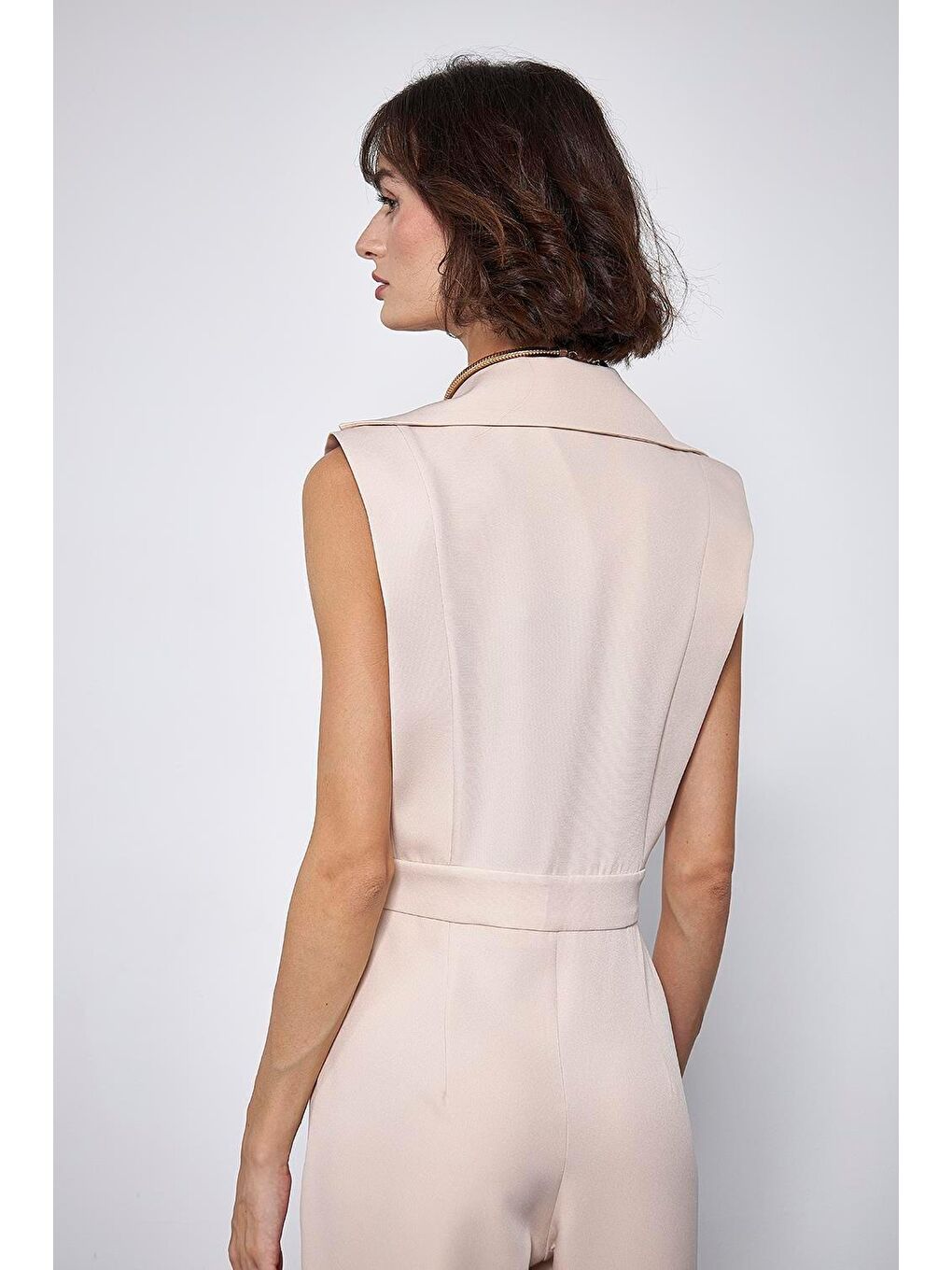 Kruvaze Yaka Bej Kadın Tulum-5