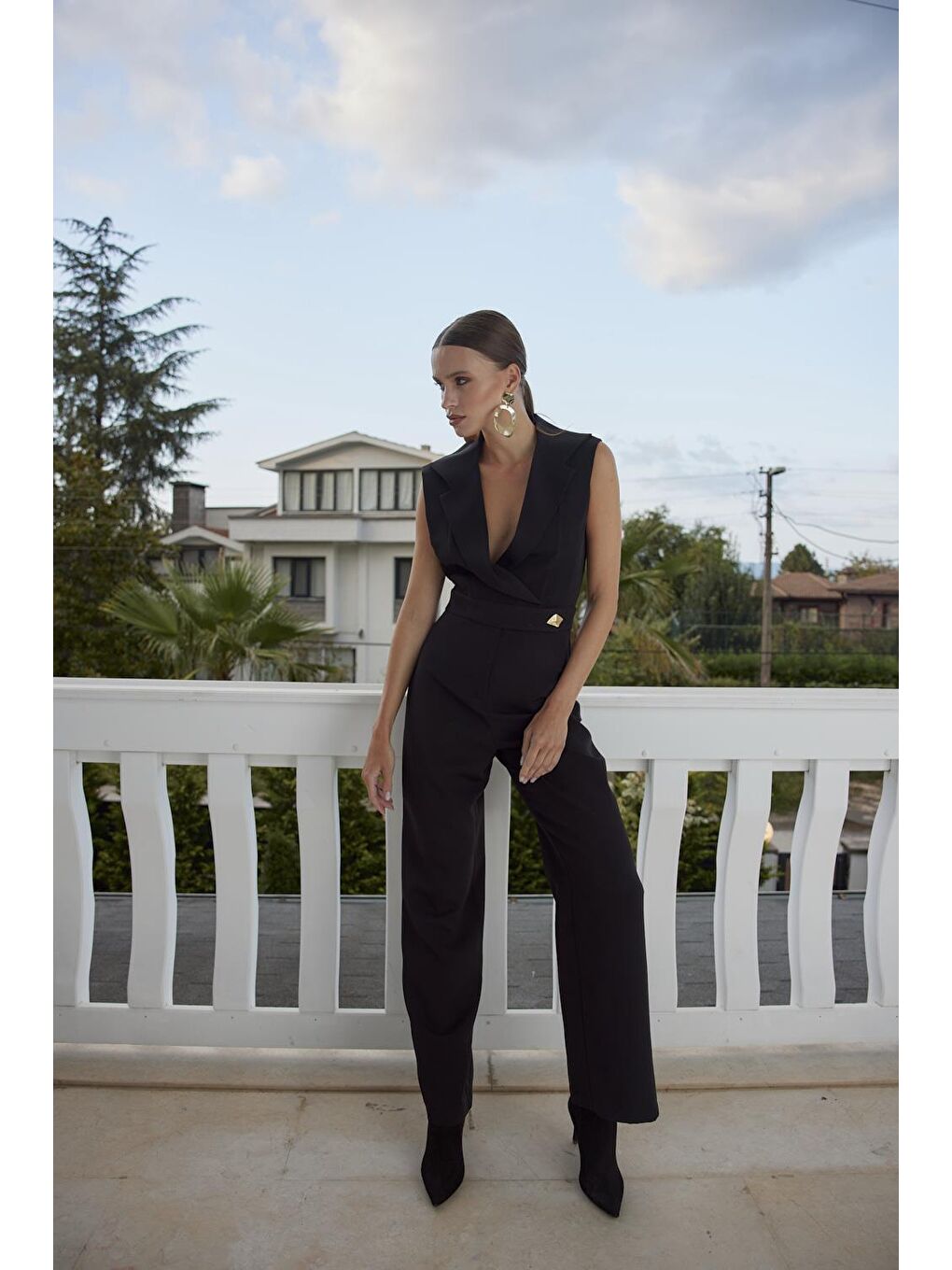 Kruvaze Yaka Siyah Kadın Tulum-4